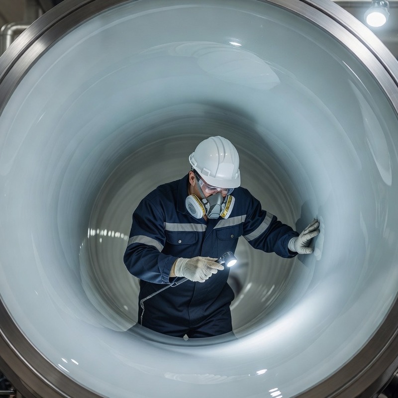 Technician applying glass lining to reactor