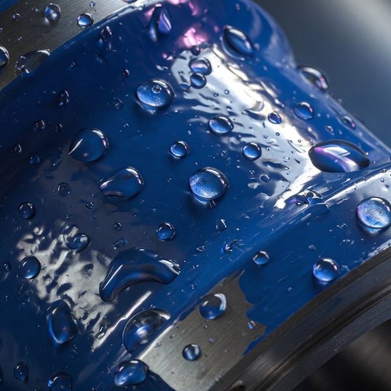 Macro of a PTFE-coated part with water bead
